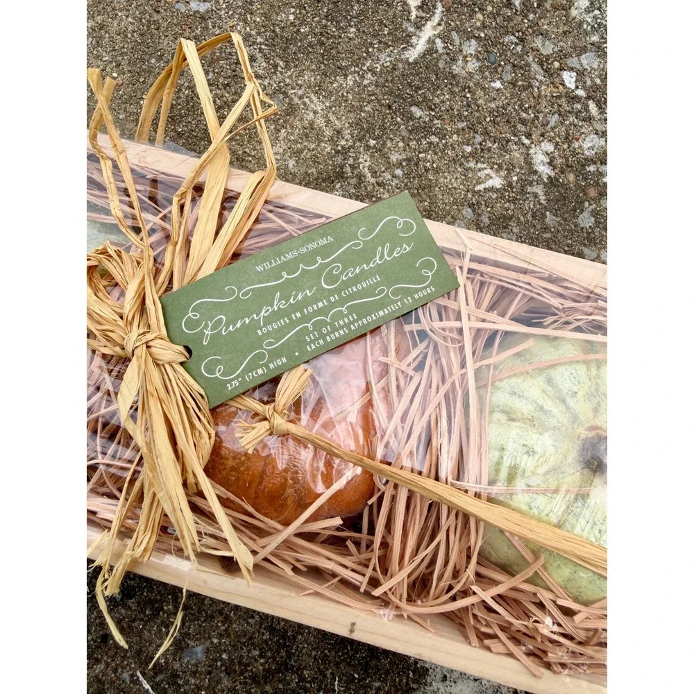 Williams Sonoma Pumpkin Candles Set of 3 Fall Decor Wooden Crate New 6996920